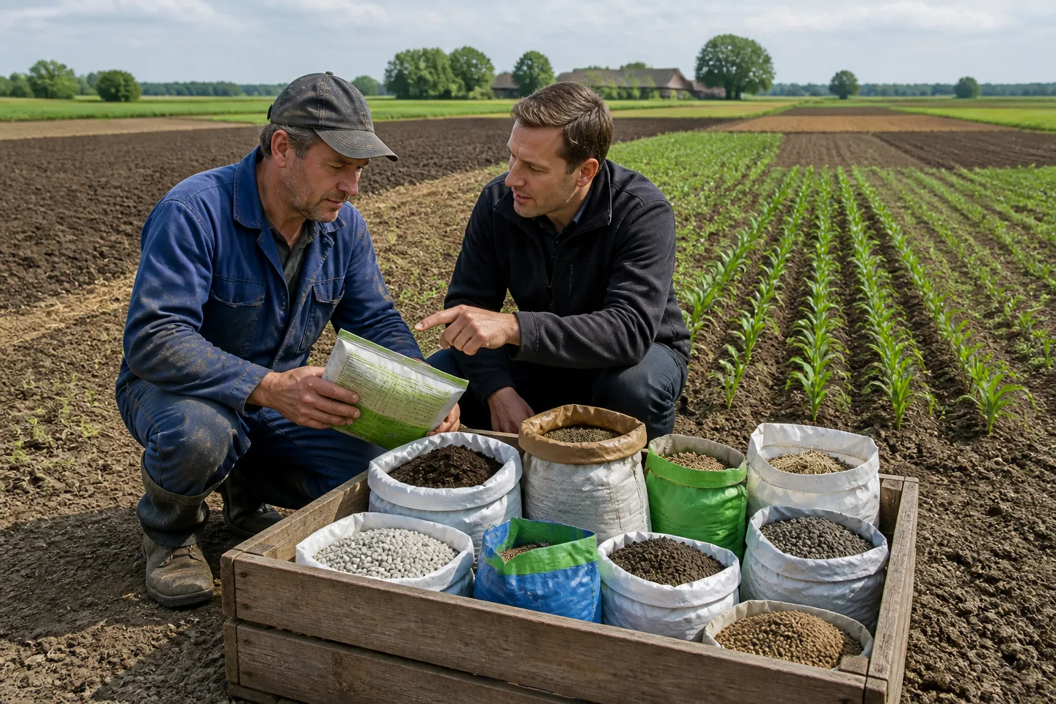 boer en adviseur vergelijken zakken meststoffen bij een kist op een akker met jonge gewassen