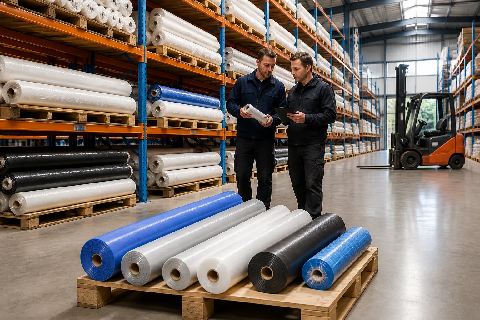 twee vakmensen bespreken rollen bouwfolie op pallets tussen lange magazijnstellingen