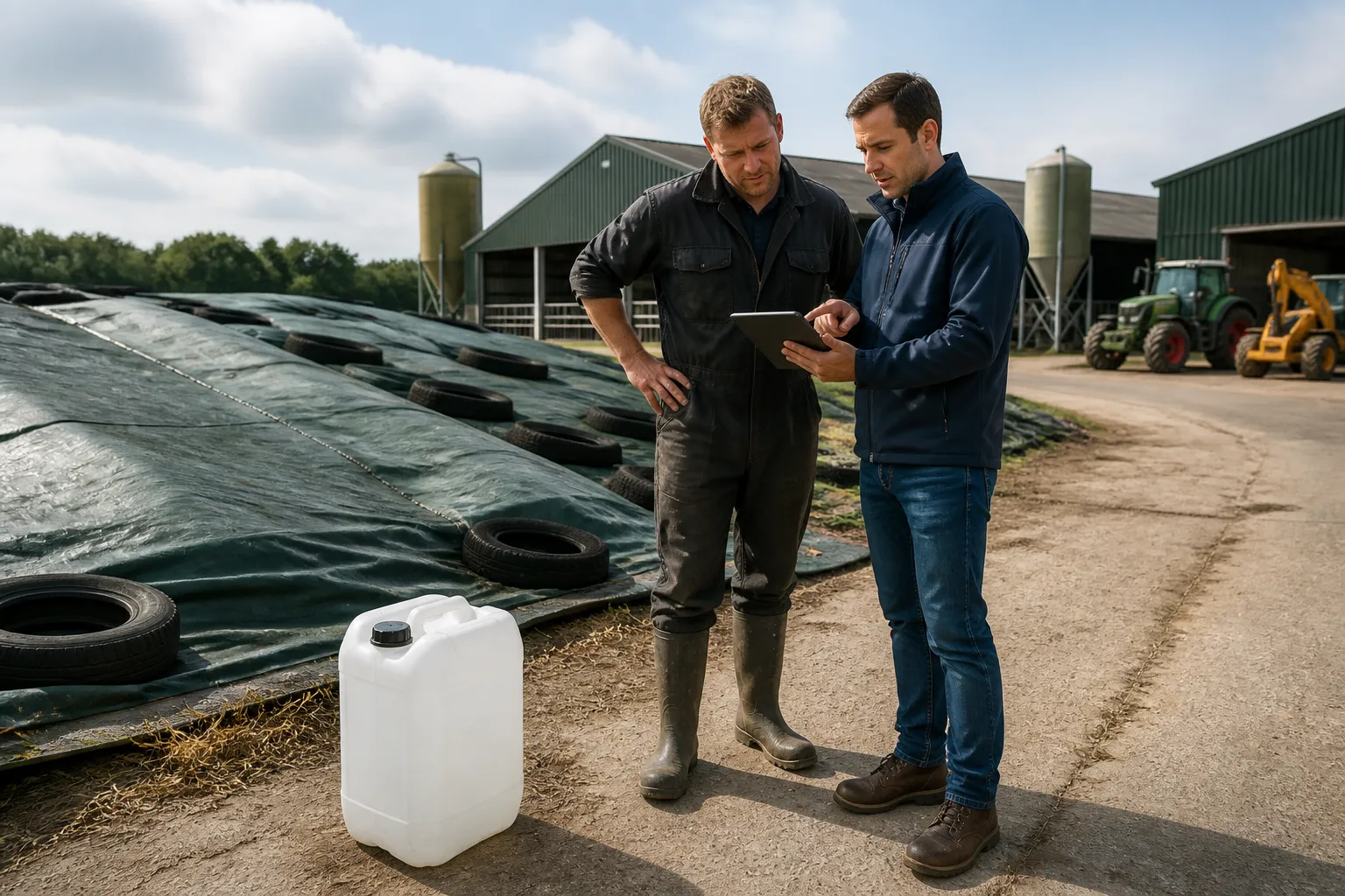 veehouder en adviseur bij strak afgedekte ruwvoer-kuil met witte jerrycan met inkuilmiddel