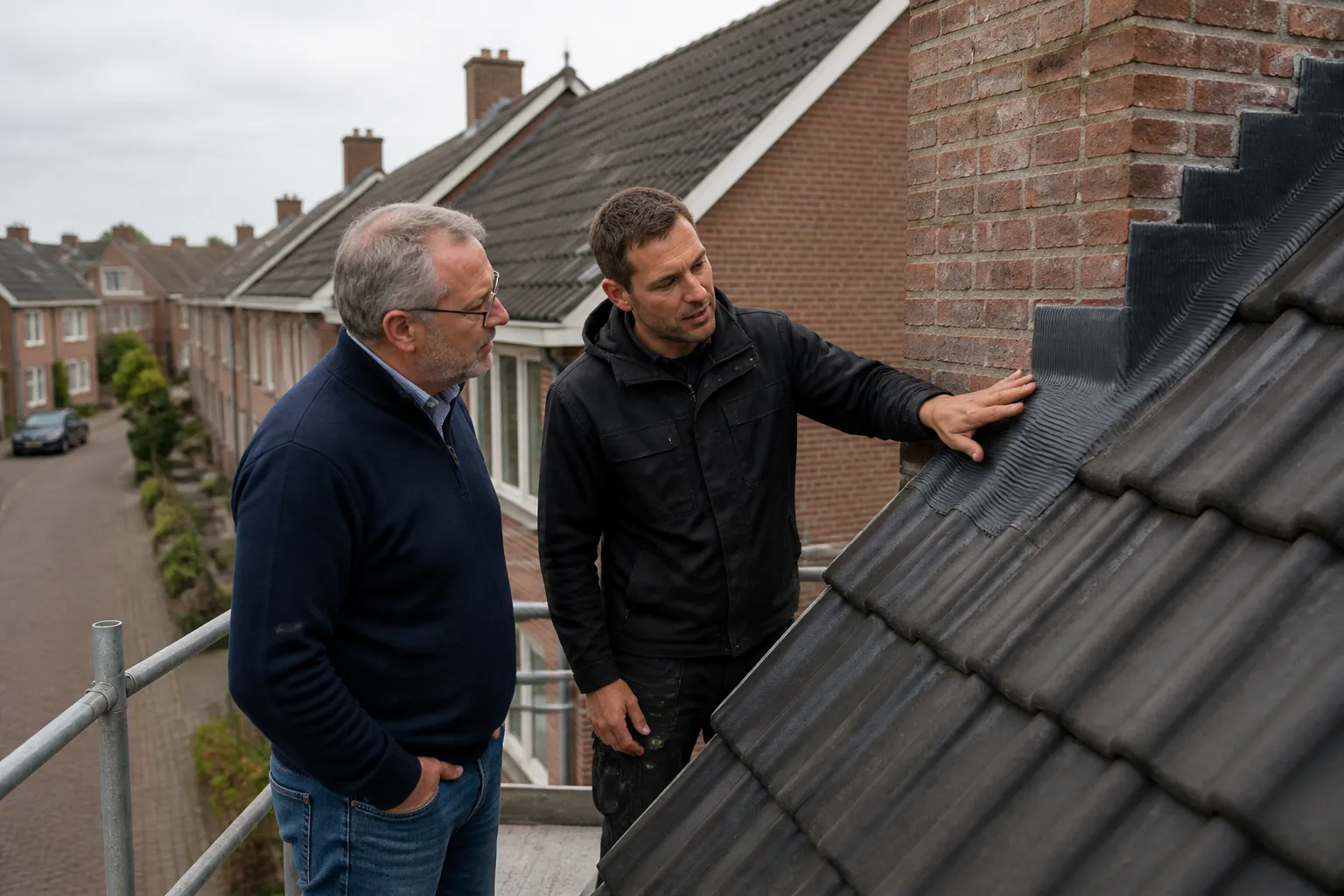 dakdekker en huiseigenaar bekijken flexibele loodvervangerstrook tussen dakpannen en metselwerk op een woonhuis