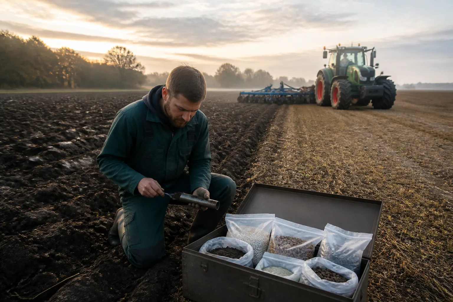 teler neemt bodemmonster naast tractor en kist met meststoffen op akker