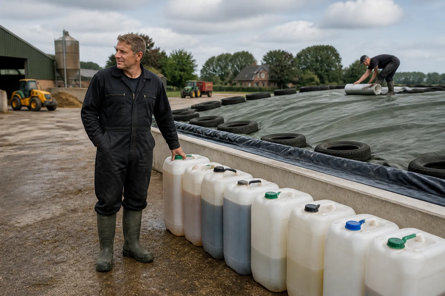 boer bekijkt witte jerrycans met inkuilmiddel naast strak afgedekte ruwvoer-kuil terwijl collega het kuildek controleert