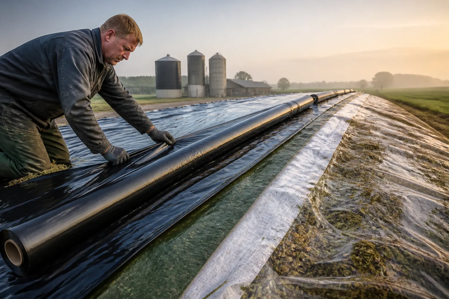 boer rolt meerdere lagen landbouwfolie strak over een grote kuilbult op een mistige ochtend
