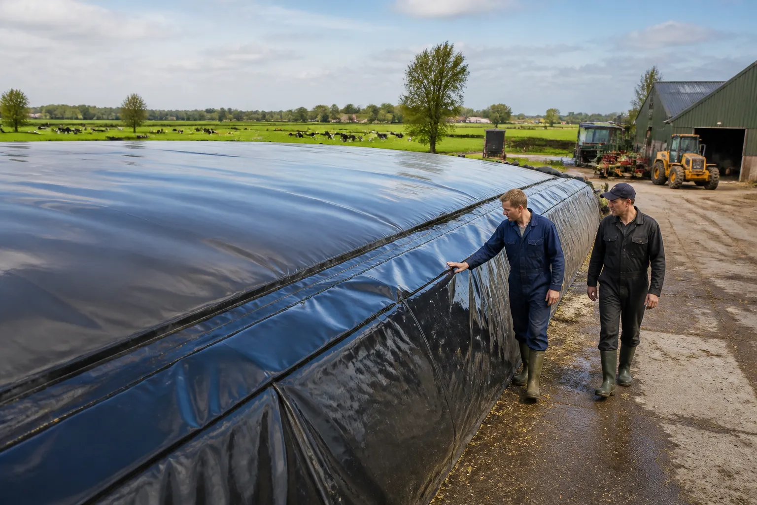 boeren controleren meerdere lagen glanzende landbouwfolie over een lange kuilbult op het erf