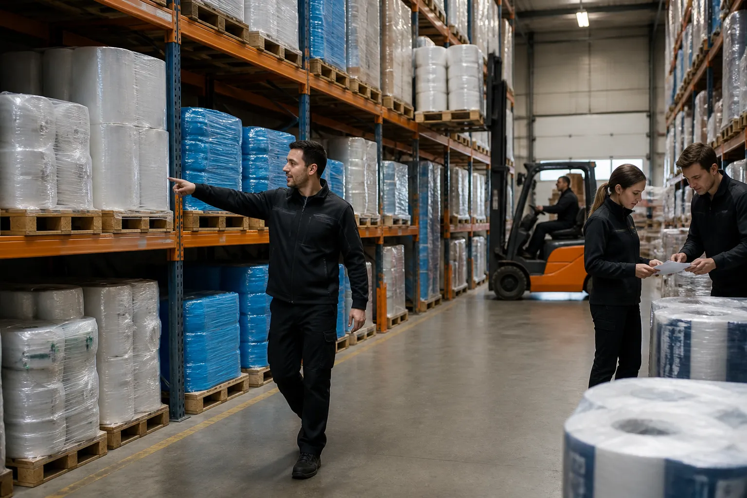 magazijnmedewerkers tussen lange stellingen met rollen bouwfolie op pallets in een druk magazijn