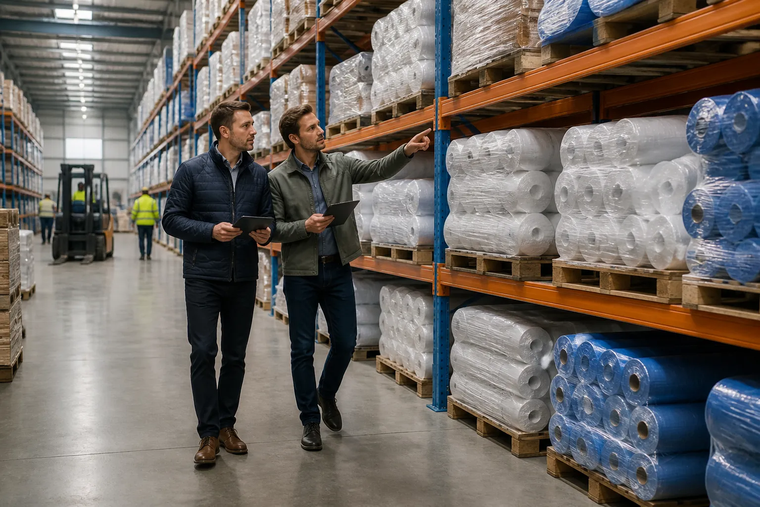 twee inkopers vergelijken gestapelde rollen bouwfolie op pallets in een magazijngang