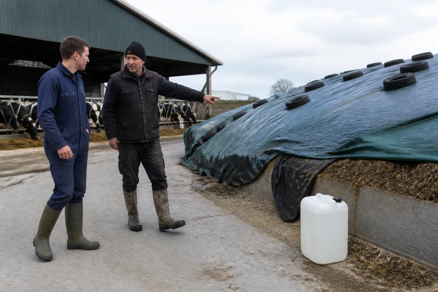 veehouder en adviseur bekijken een strak afgedekte ruwvoer-kuil met een witte jerrycan ernaast