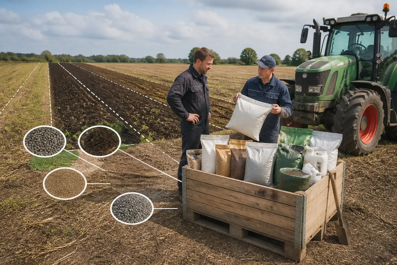 boeren bespreken een kist met diverse zakken meststoffen en bodemverbeteraars naast een tractor op de akker