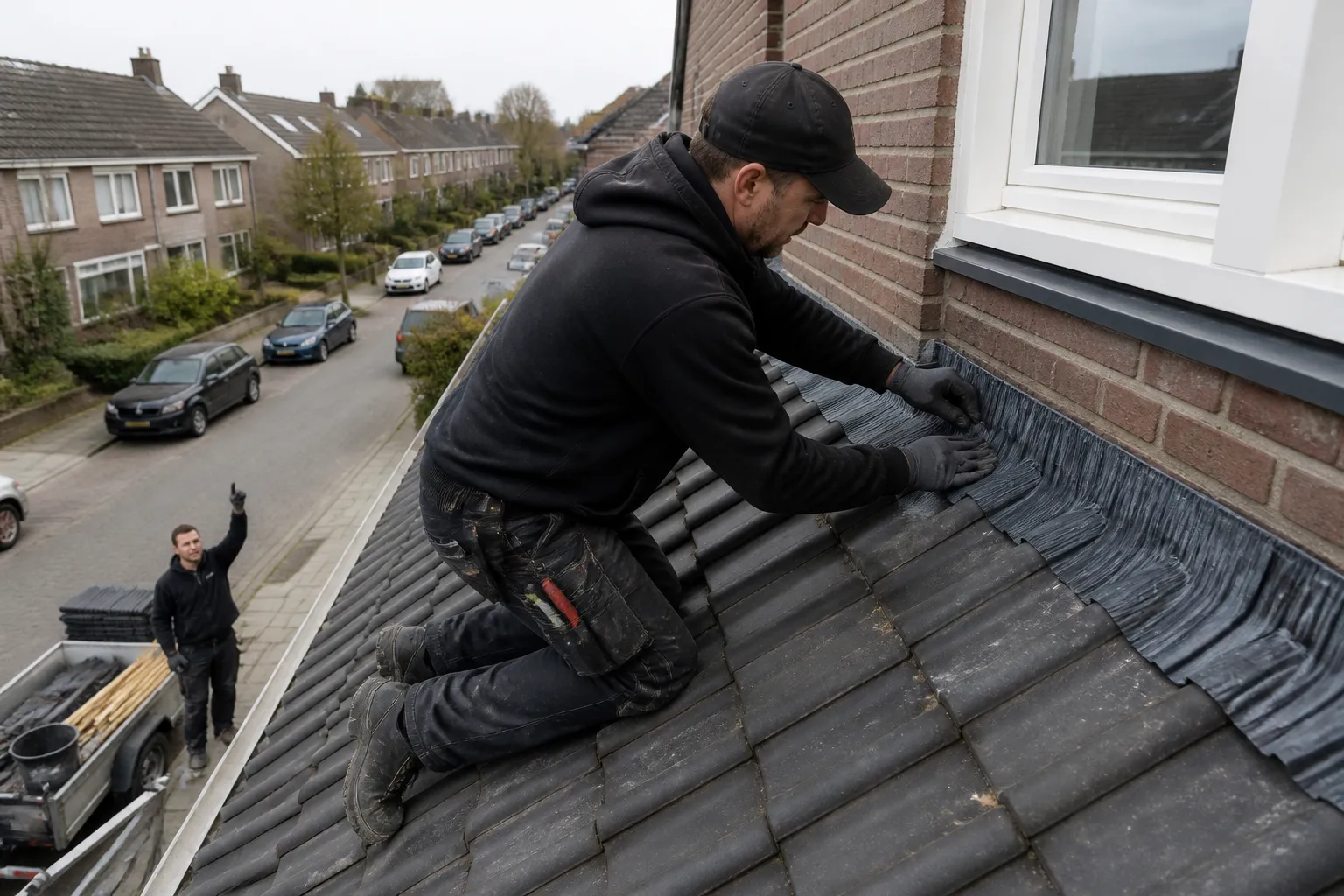 dakdekker brengt flexibele loodvervangerstrook aan tussen dakpannen en metselwerk van dakkapel in woonstraat