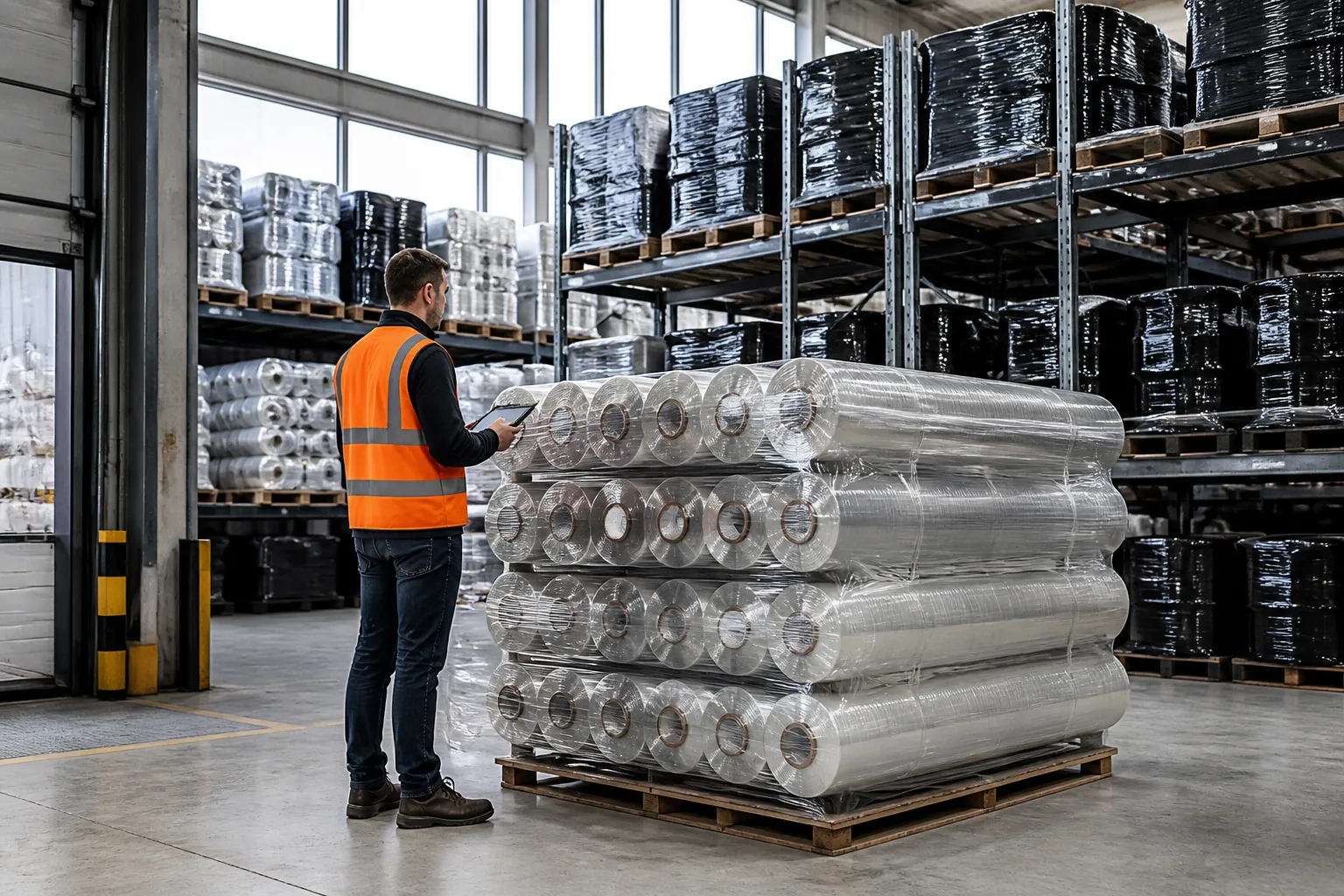 grote opslaghal met gestapelde rollen bouwfolie op pallets en een medewerker die voorraad controleert