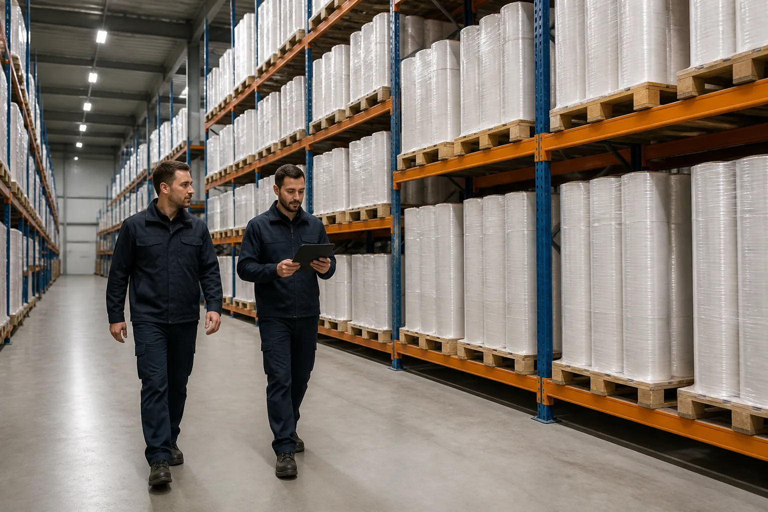 medewerkers lopen door magazijngang met lange stellingen vol rollen bouwfolie op pallets