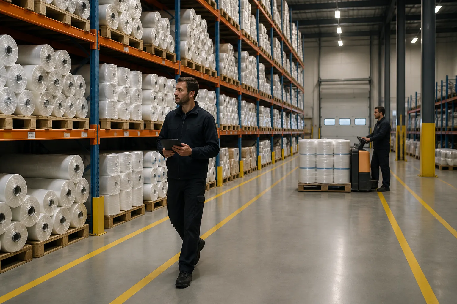 magazijnmedewerkers die tussen lange stellingen met rollen bouwfolie op pallets bestellingen verzamelen