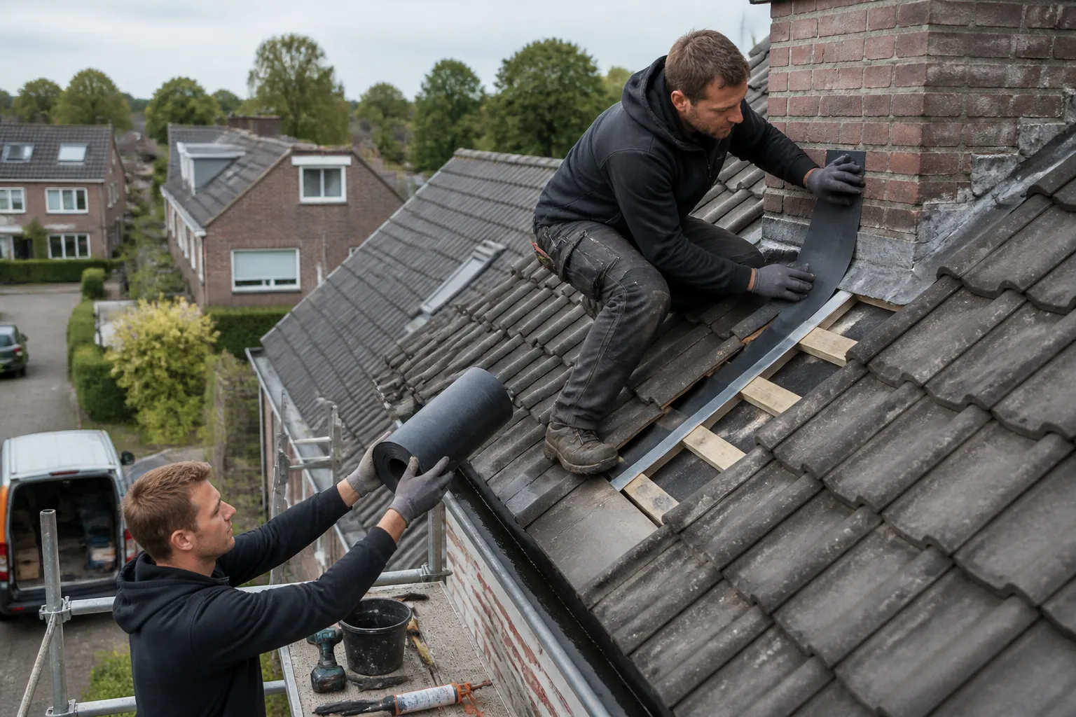 dakdekker op hellend pannendak plaatst flexibele loodvervangerstrook tussen pannen en metselwerk terwijl collega op de