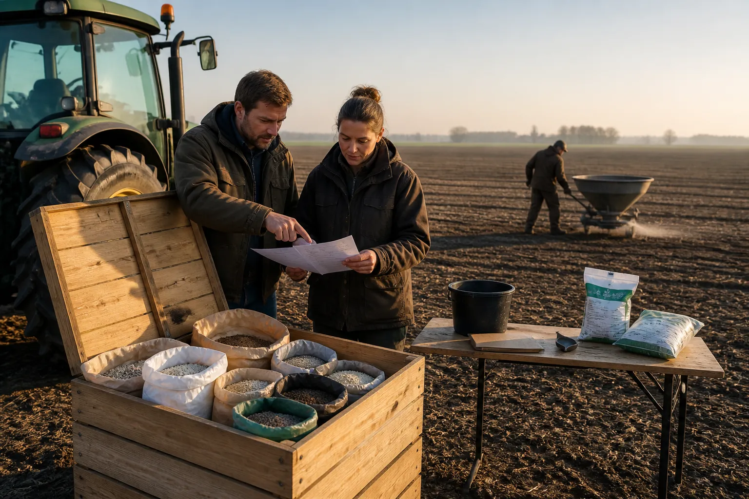 boeren controleren een lijst bij een kist met zakken meststoffen terwijl op de achtergrond het land wordt bemest