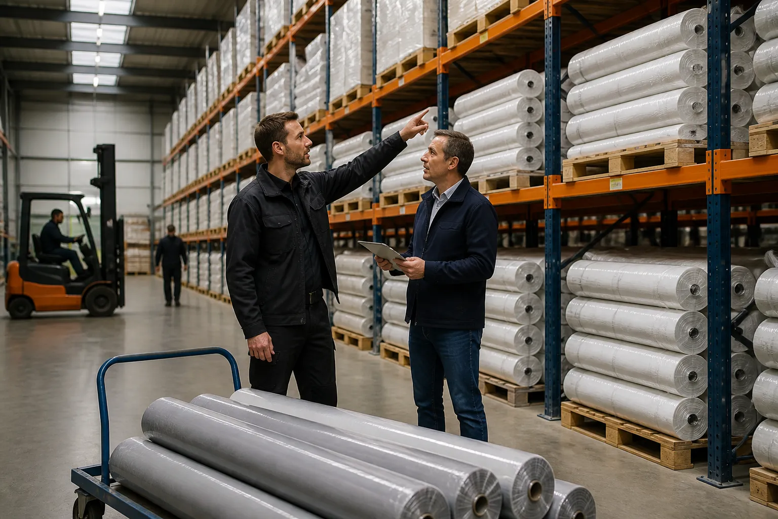 twee werknemers bespreken rollen bouwfolie op pallets in een magazijngang met hoge stellingen