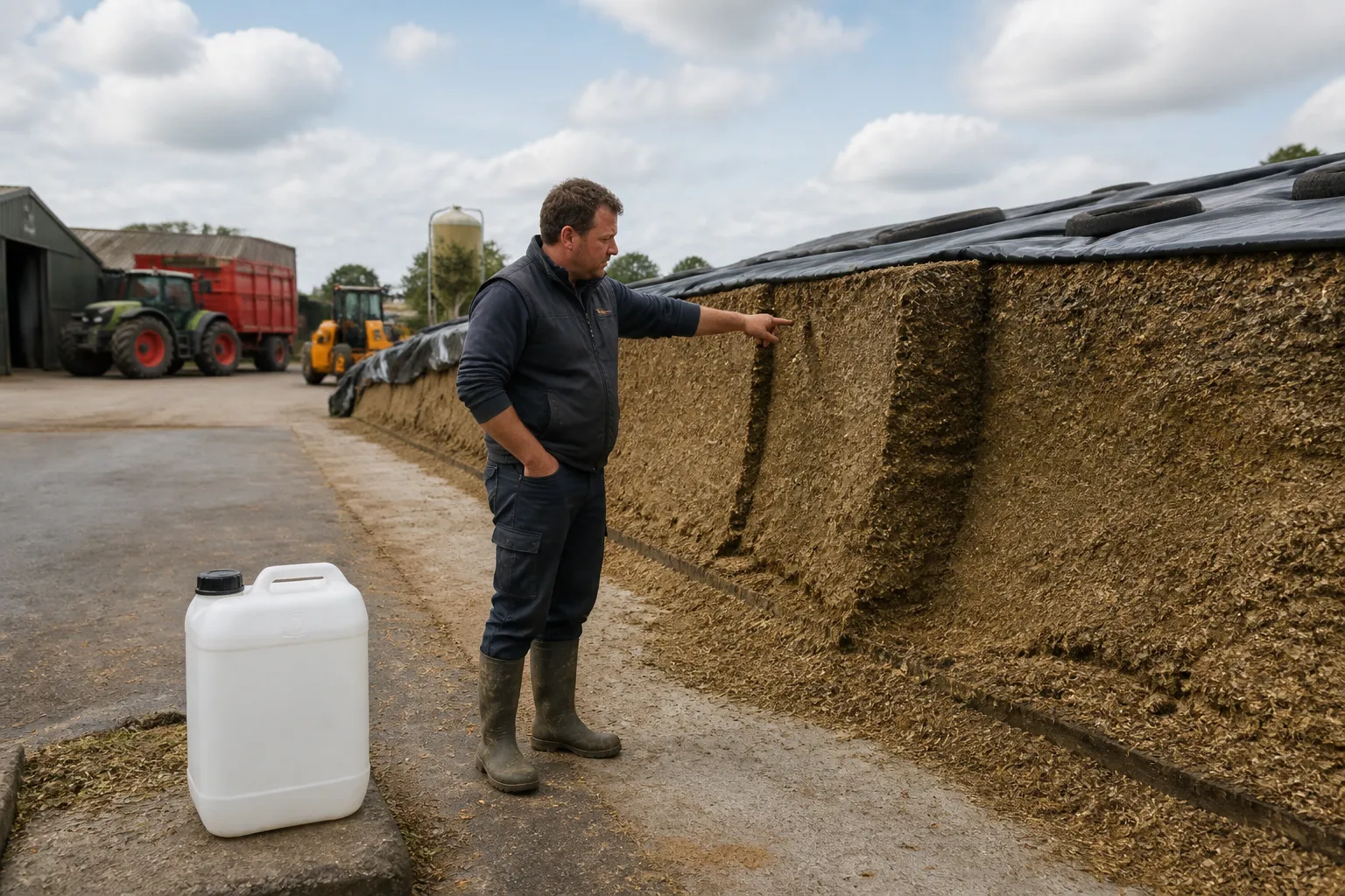 veehouder inspecteert verschillende zones van een ruwvoer-kuil met een witte jerrycan met inkuilmiddel ernaast