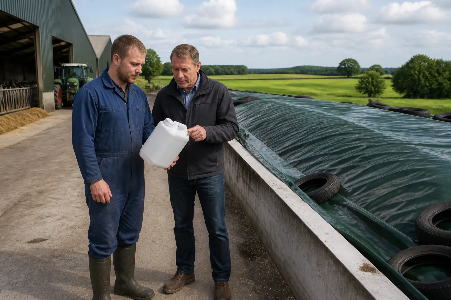 veehouder en adviseur bij strak afgedekte ruwvoerkuil met witte jerrycan inkuilmiddel