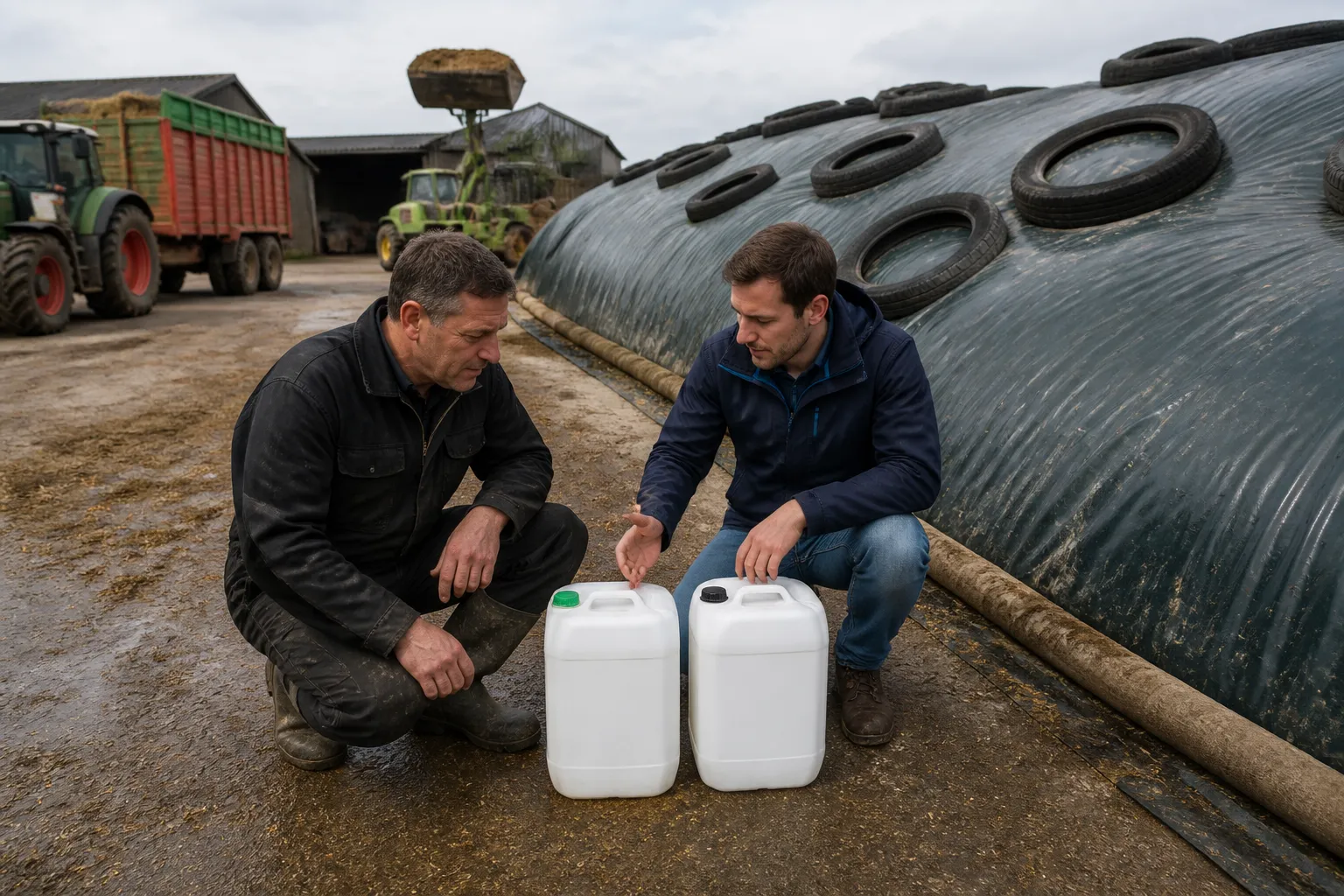 veehouder en adviseur vergelijken twee witte jerrycans naast strak afgedekte ruwvoer-kuil