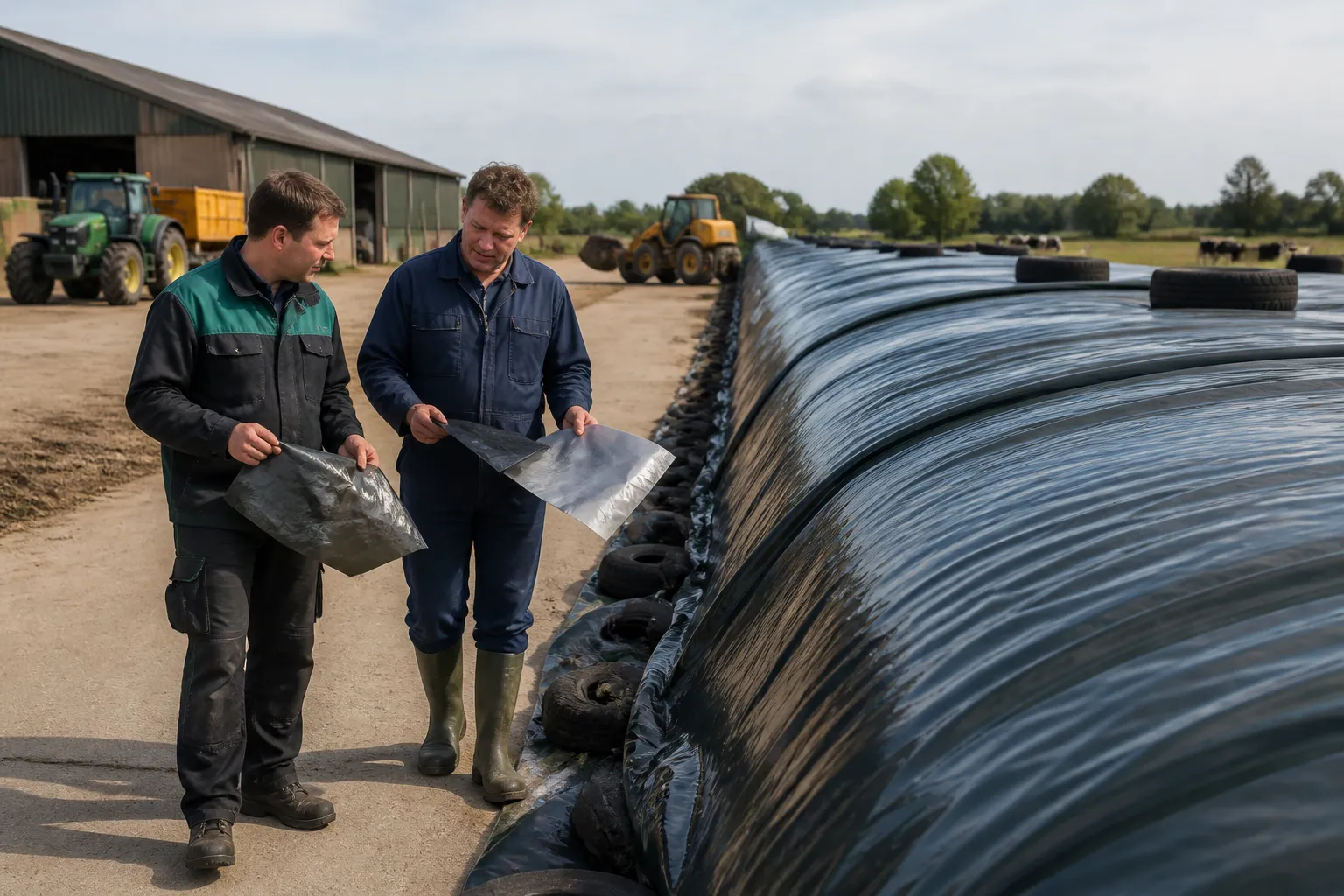 veehouder en loonwerker vergelijken verschillende lagen glanzende landbouwfolie op een lange kuilbult naast het erf