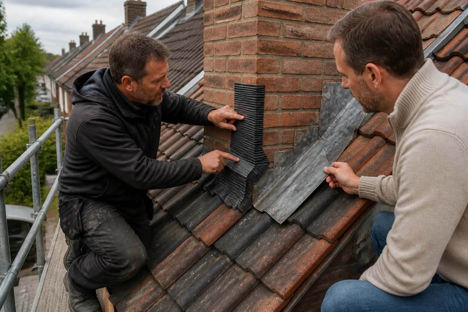 dakdekker en huiseigenaar vergelijken flexibele loodvervangerstrook en traditioneel lood tussen dakpannen en muur